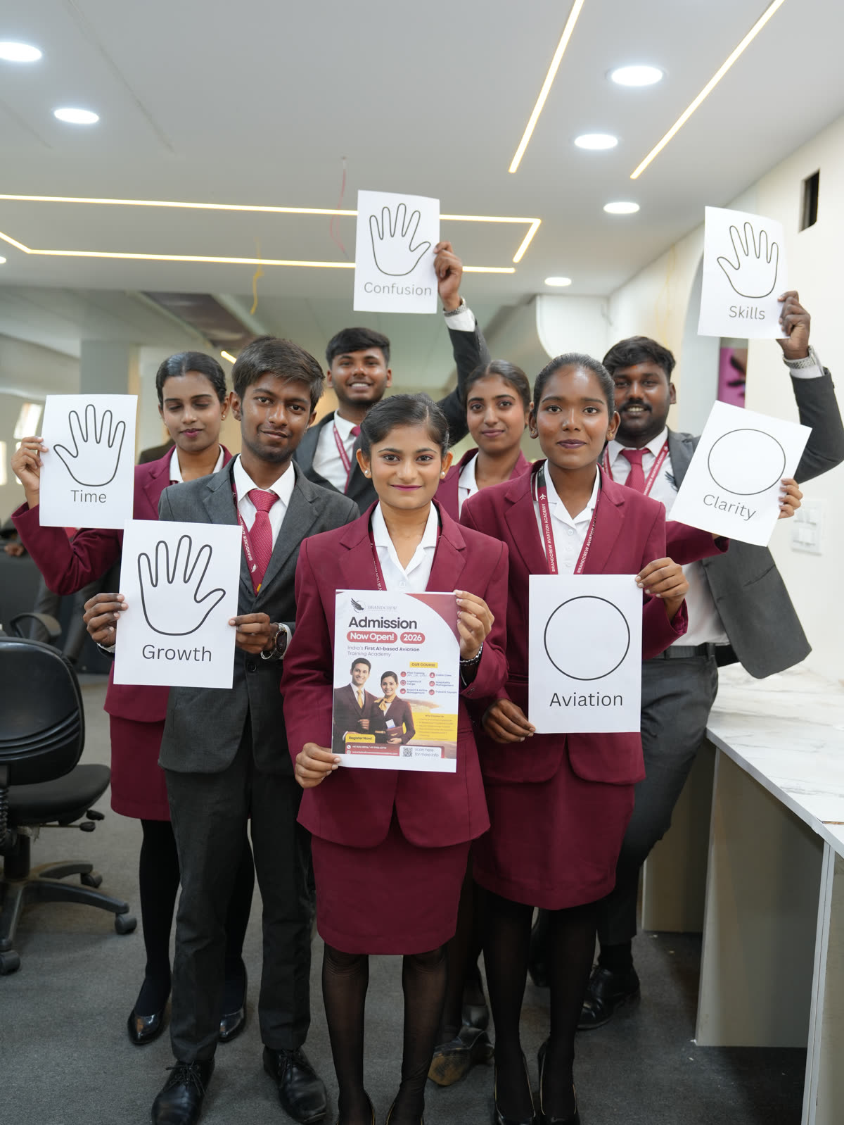 Eight students in uniform holding an Admission Now Open 2026 poster and signs reading Growth, Skills, Clarity and Aviation