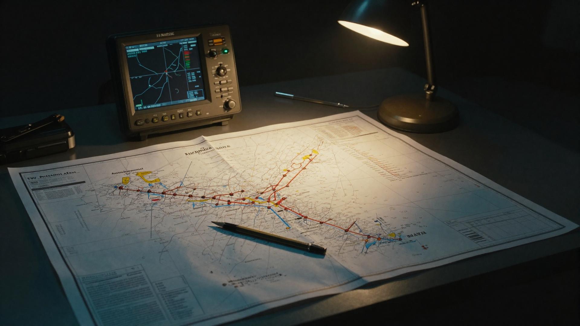A VFR navigation chart, flight computer and dividers on a briefing table under a desk lamp