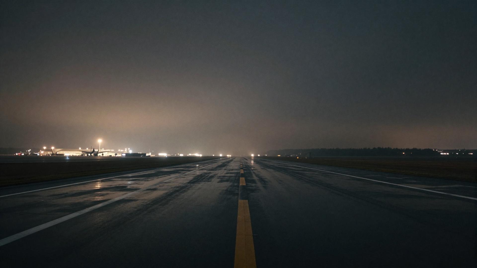 Runway centreline lights receding into the night before dawn